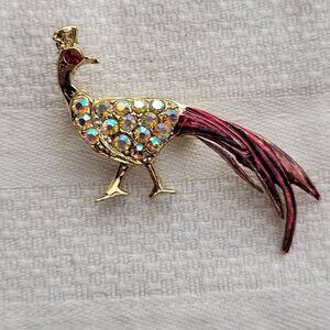 Vintage Peacock Ab Rhinestone Brooch Pin Gold Tone With Colorful Tail